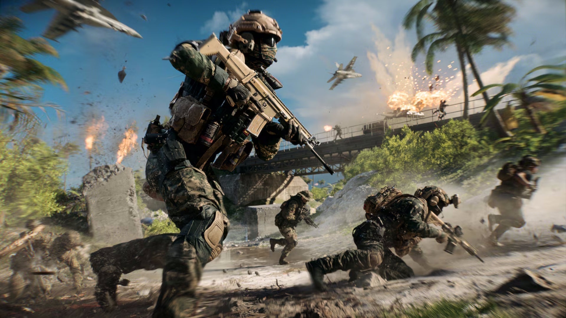 Screenshot de Battlefield 6 illustrant un combat près du pont de l'île Wake